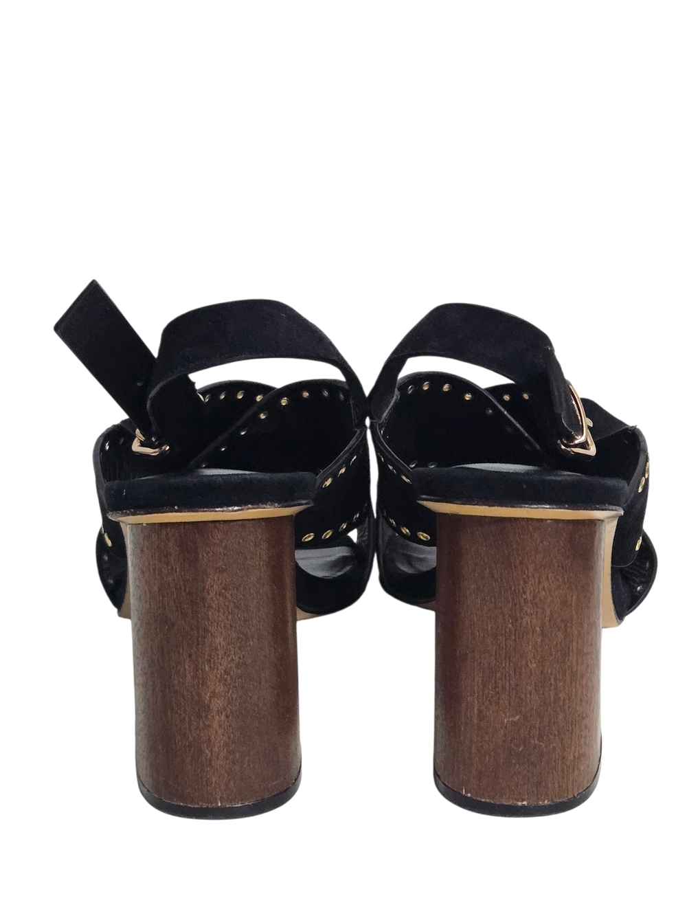 Lola Cruz Black Studded Leather Block Heel Sandals EU 38 Gold Grommet Slingbacks - Picture 2 of 8